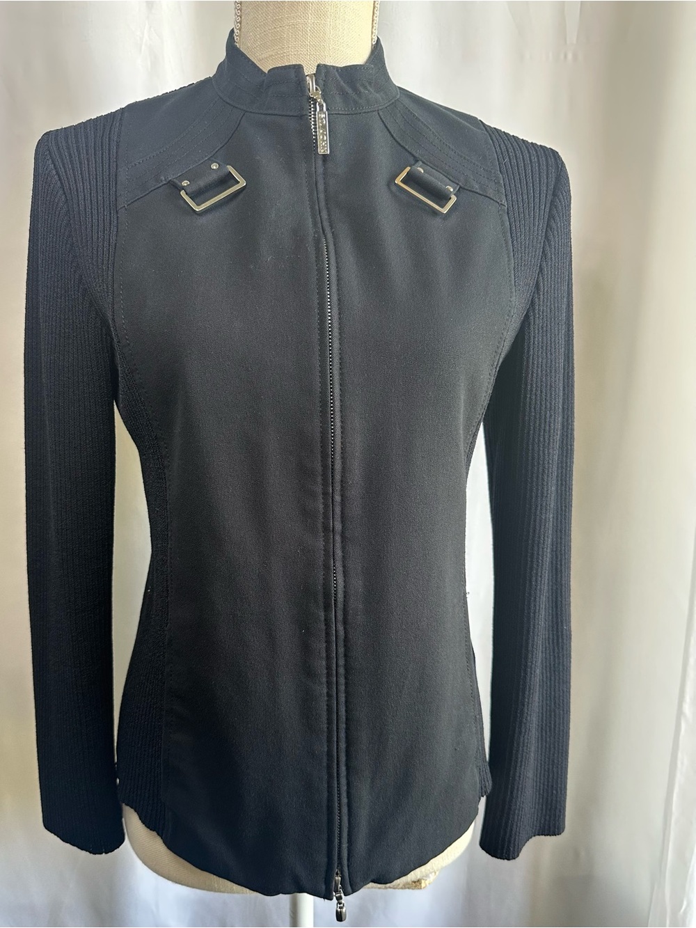 St. John Black Moto-Inspired Jacket - Double Zipper & Silver Hardware w/Pockets
